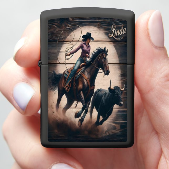Linda Cowgirl Chases Steer Zippo Lighter (In Hand)