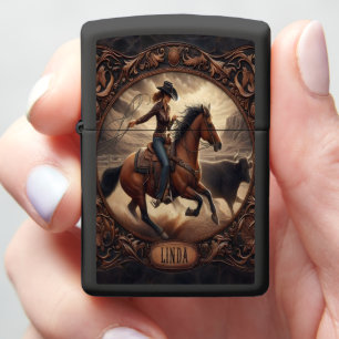 Linda Cowgirl Riding Horse In Western Scene Zippo Lighter