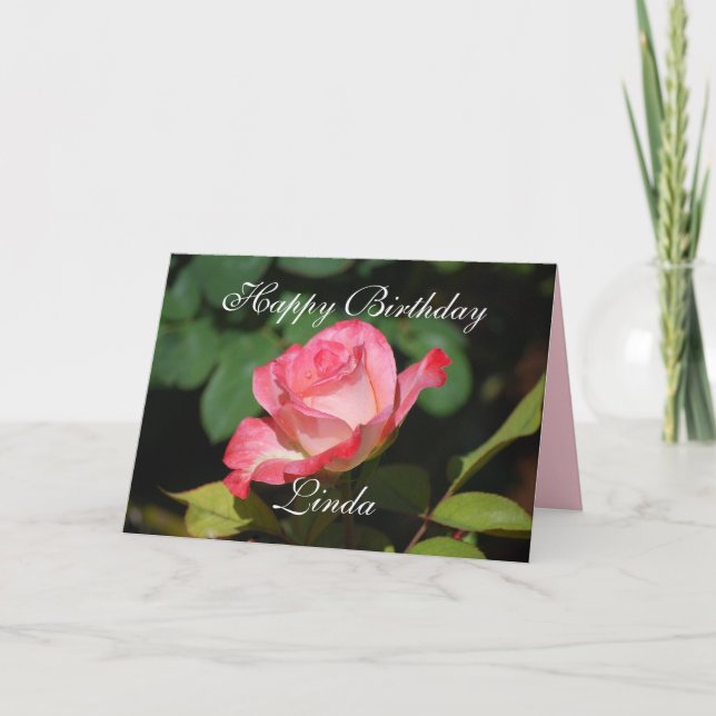 Linda Happy Birthday Pink and White Rose Card (Front)