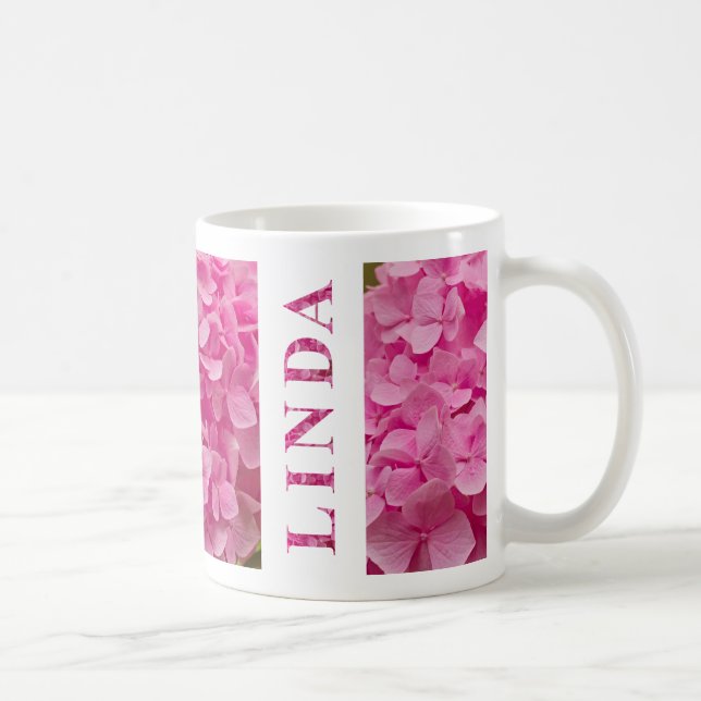 "Linda" in Elegant Pink Hydrangea Floral Lettering Coffee Mug (Right)