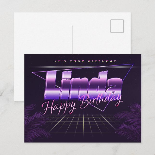 Linda Last Name first name purple postcard birthda (Front/Back)