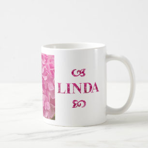 "Linda" Name, Cute Pink Hydrangea Floral Lettering Coffee Mug