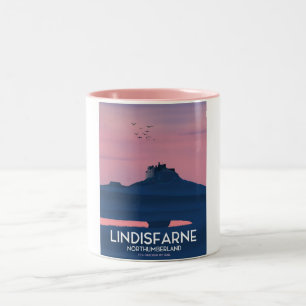 Lindisfarne Northumberland Castle travel poster. Two-Tone Coffee Mug