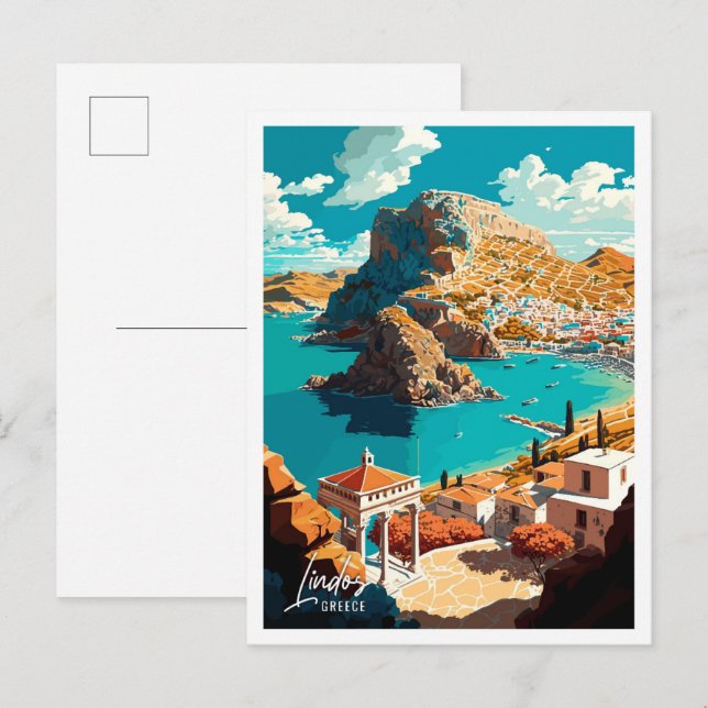 Lindos Greece Art Vintage Travel Illustration Postcard (Front/Back)