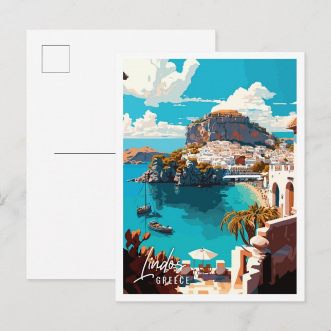Lindos Greece vintage travel illustration Postcard (Front/Back)
