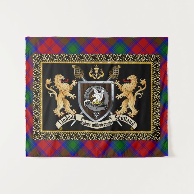 Lindsay Clan Badge & Motto w/Lions  Tapestry (Front (Horizontal))
