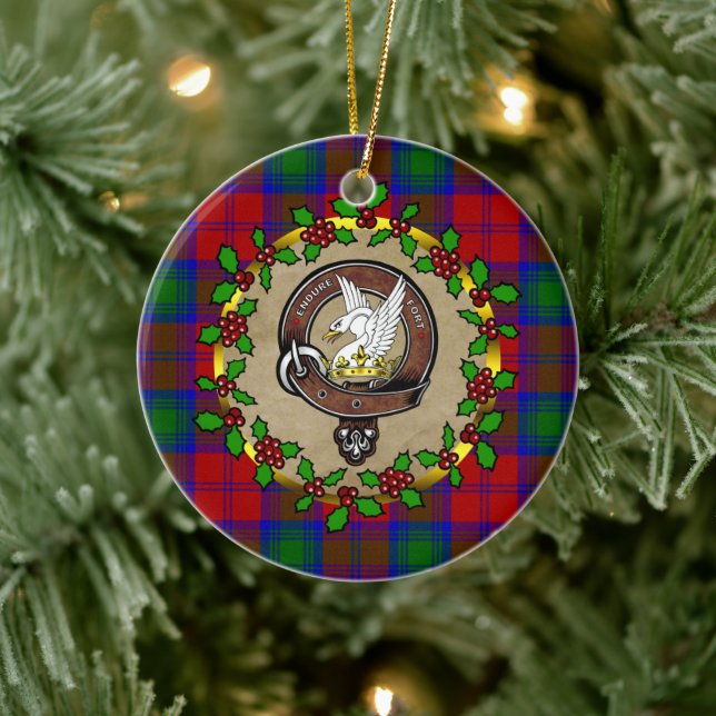 Lindsay Clan Badge & Tartan Personalized Christmas Ceramic Ornament (Tree)