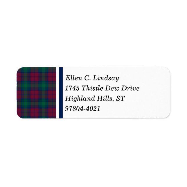 Lindsay Clan Maroon, Green, and Blue Tartan Label (Front)