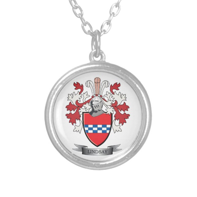 Lindsay Family Crest and Lindsay Coat of Arms Silver Plated Necklace (Front)