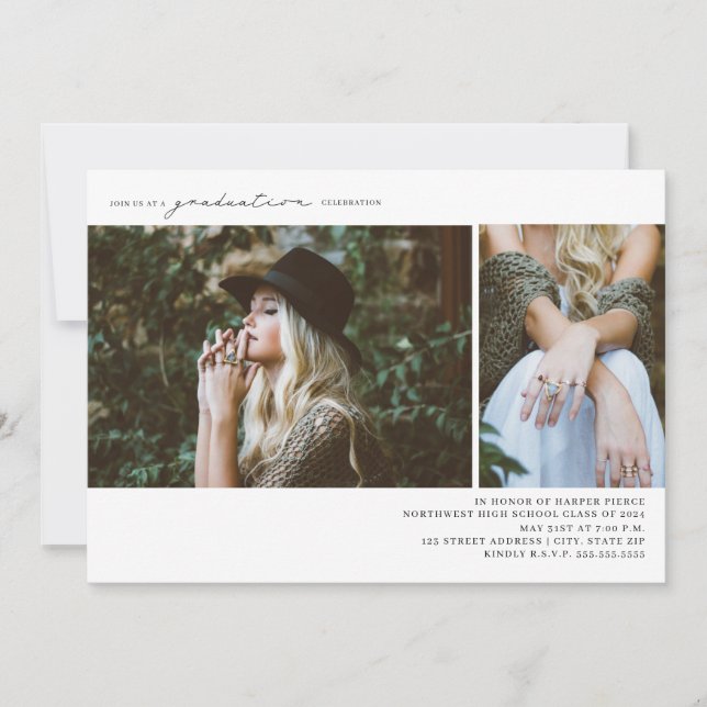 Line Art 2 Photo Graduation Party Invitation (Front)