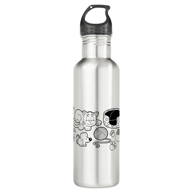 Line Art Animals Cats Dogs Mouse Pet Cat Bed Stainless Steel Water Bottle (Front)
