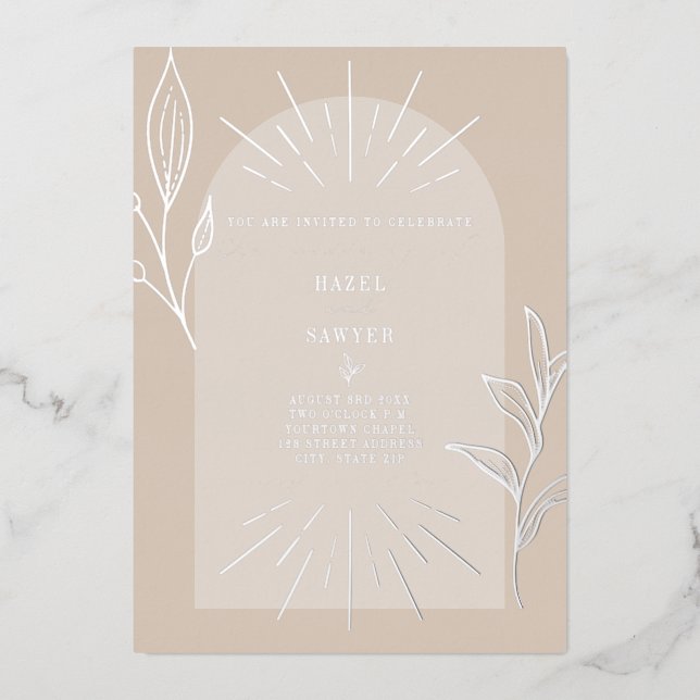 Line Art Arch Botanical Tan Foil Invitation (Front)