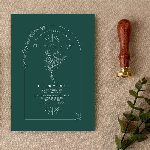 Line Art Arch Bouquet Emerald Wedding Invitation