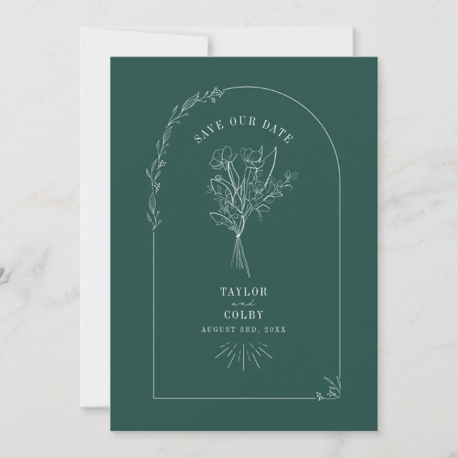 Line Art Arch Bouquet Emerald Wedding Save The Date (Front)