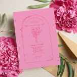 Line Art Arch Bouquet Pink Red Wedding Invitation<br><div class="desc">Illustration of bouquet with line art botanical arch border.  Background is pink.  Design and text are red.</div>