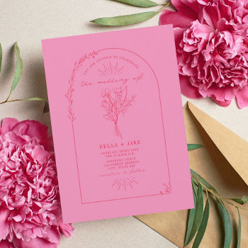 Line Art Arch Bouquet Pink Red Wedding Invitation by JillsPaperie at Zazzle