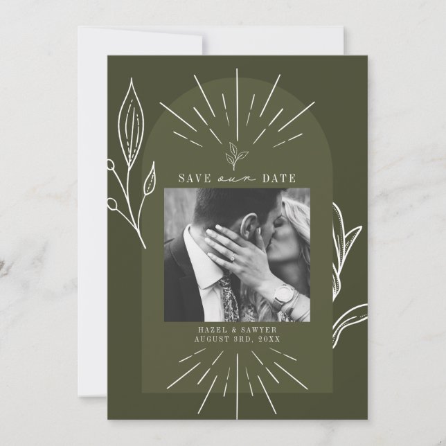 Line Art Arch Script Green Photo Wedding Save The Date (Front)