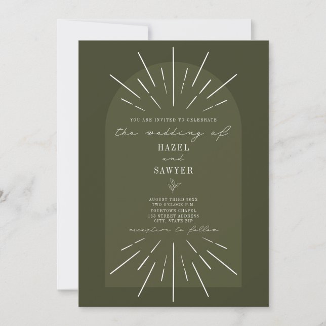 Line Art Arch Script Green Wedding Invitation (Front)