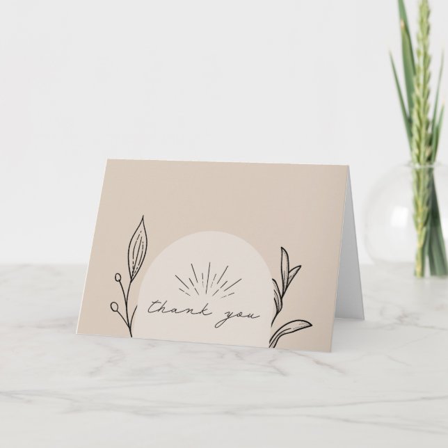 Line Art Arch Script Tan Botanical Wedding Thank You Card (Front)