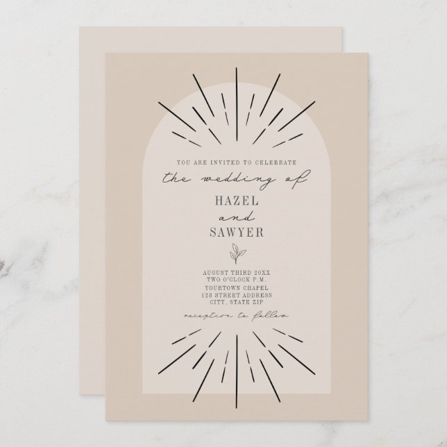 Line Art Arch Script Tan Desert Minimalist Wedding Invitation (Front/Back)