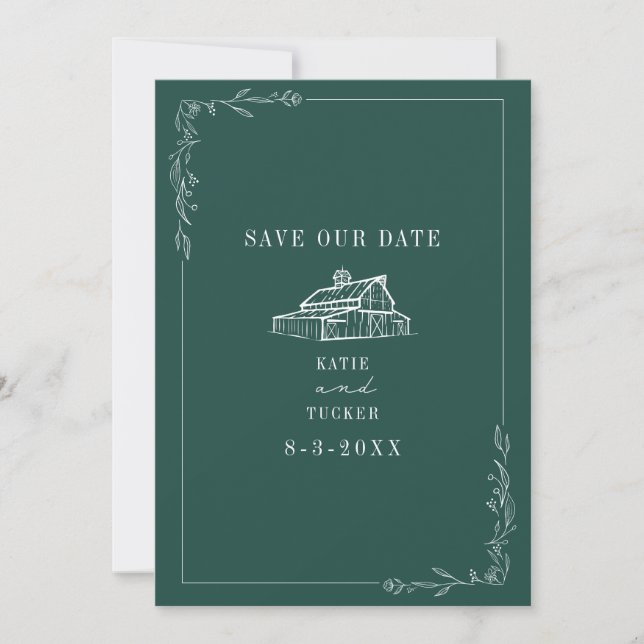 Line Art Barn Emerald Farm Wedding Save The Date (Front)