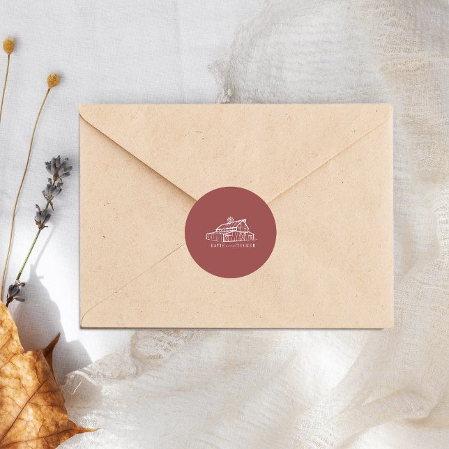 Line Art Barn Muted Red Farm Fall Wedding Classic Round Sticker (Creator Uploaded)
