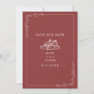 Line Art Barn Muted Red Farm Wedding Save The Date