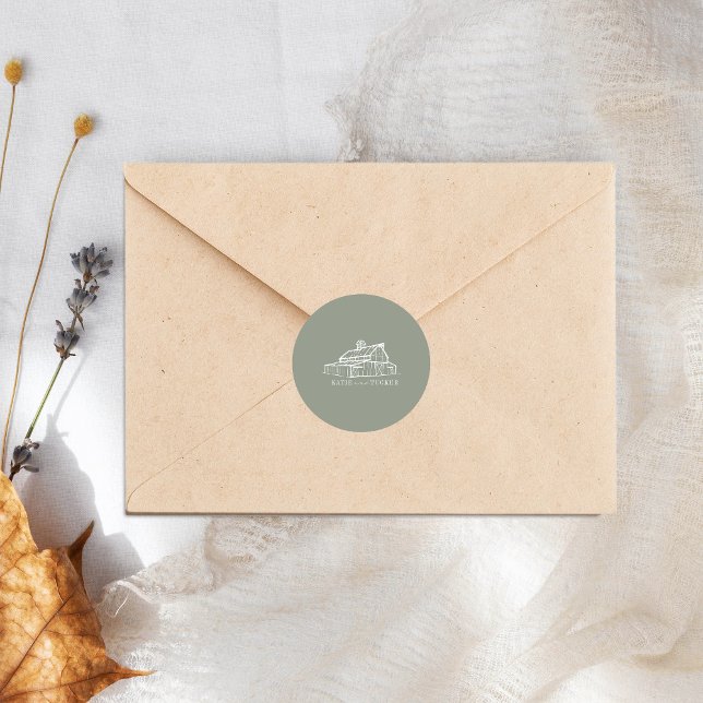 Line Art Barn Sage Green Farm Fall Wedding Classic Round Sticker (Creator Uploaded)