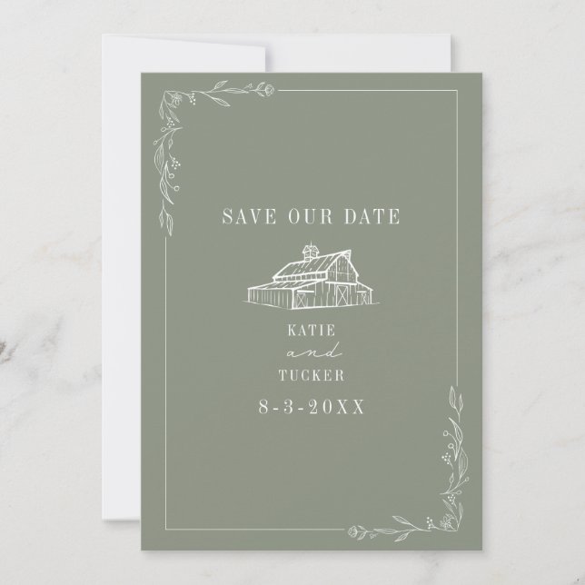 Line Art Barn Sage Green Farm Wedding Save The Date (Front)