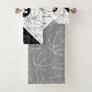 line art basketballs pattern on black gray white bath towel set