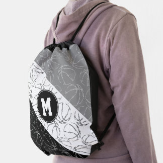 line art basketballs pattern on black white gray drawstring bag