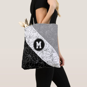 line art basketballs pattern on black white gray tote bag