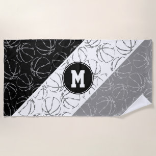 line art basketballs pattern on gray white black beach towel
