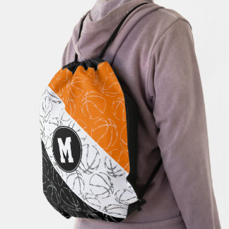 line art basketballs pattern on orange black white drawstring bag