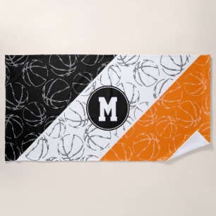 line art basketballs pattern on orange white black beach towel