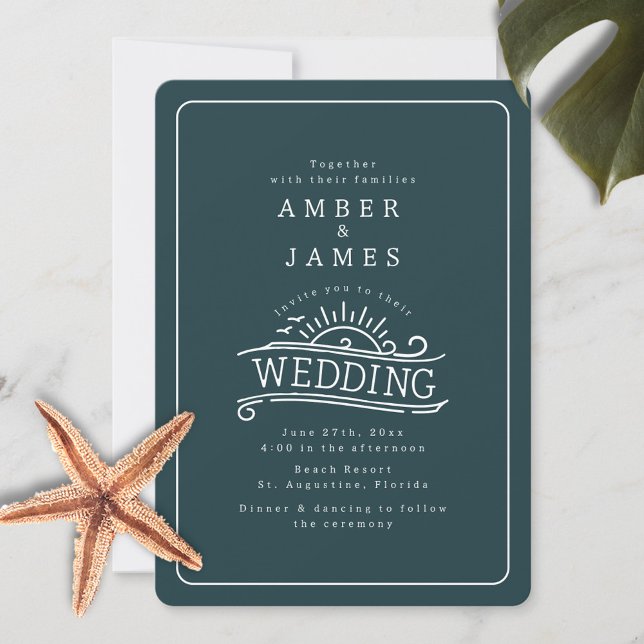 Line Art Beach Wedding Dark Slate Green Invitation (Creator Uploaded)