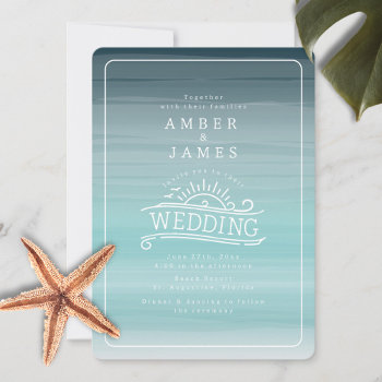 Line Art Beach Wedding Teal Ombre Invitation by JillsPaperie at Zazzle