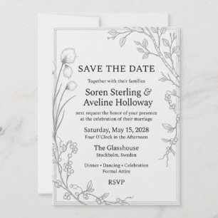 Line Art Birch Branches, Wild Berries, Cotton Gras Invitation