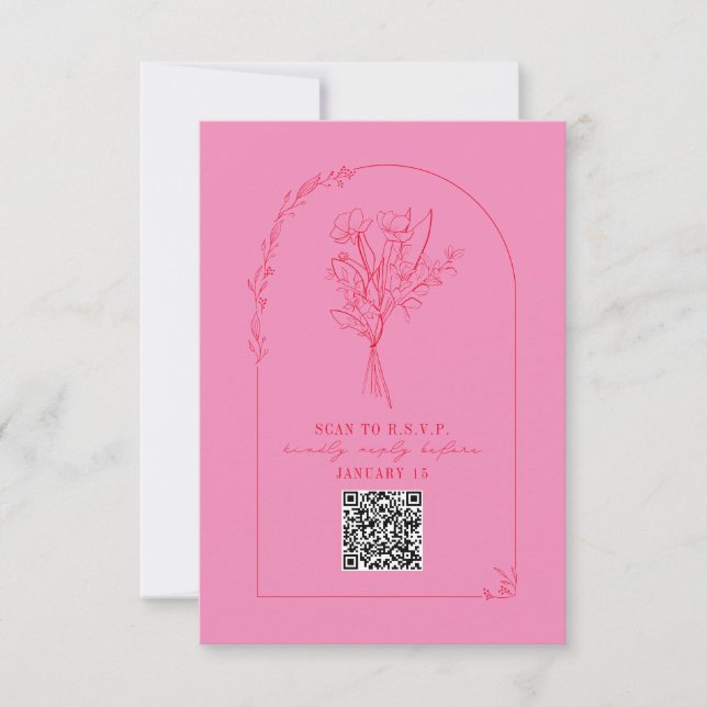 Line Art Bouquet Arch Pink Red Wedding QR RSVP (Front)