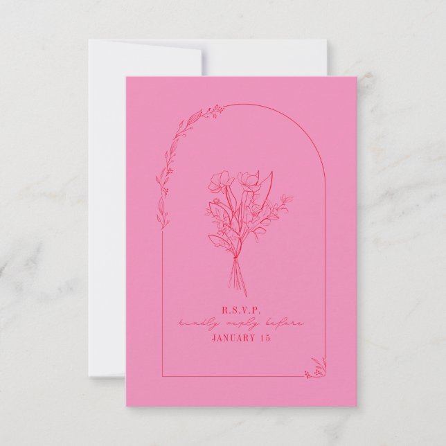 Line Art Bouquet Arch Pink Red Wedding RSVP (Front)