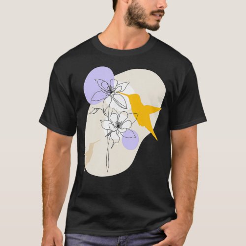 Line Art Columbine Hummingbird Flowers Plants Bota T_Shirt
