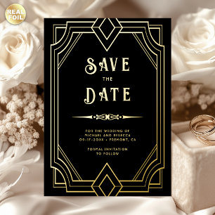 Line Art Deco Black Gold Wedding Save the Date Foil Invitation