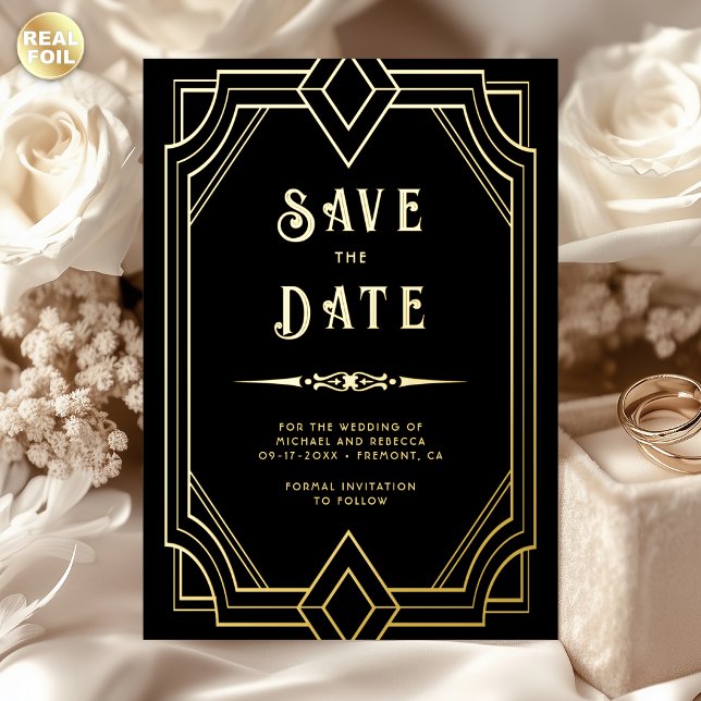 Line Art Deco Black Gold Wedding Save the Date Foil Invitation (Creator Uploaded)
