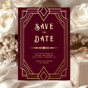 Line Art Deco Burgundy Gold Wedding Save the Date Foil Invitation