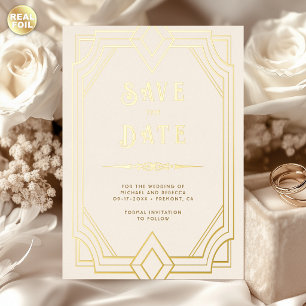 Line Art Deco Cream Gold Wedding Save the Date Foil Invitation