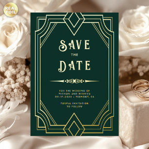 Line Art Deco Emerald Gold Wedding Save the Date Foil Invitation