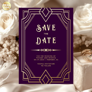 Line Art Deco Purple Gold Wedding Save the Date Foil Invitation