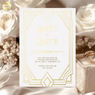 Line Art Deco White Gold Wedding Save the Date Foil Invitation