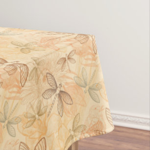 Line art dragonflies birds flowers peach pattern tablecloth