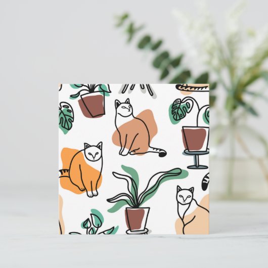 Line art drawing cats and flowers (Standing Front)